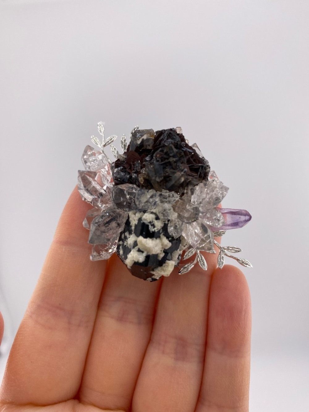 Dark Calcite & Herkimer Diamond Crystal Cluster ring with Amethyst Accent - Picture 6 of 8